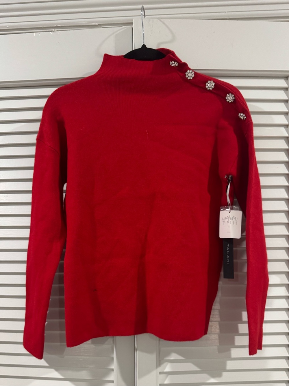 Tahari Red Jewel-Button Mock Neck Sweater